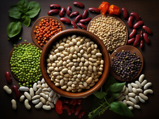 Obraz premium Assortment of legumes, lentils, chickpeas and beans in different bowls on a wooden table. View from above. World Legumes Day, February 10.