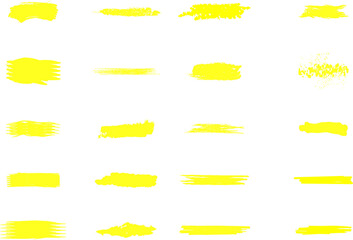 Yellow marker brush lines. Highlighter line yellow marker strokes lines vector. Yellow watercolor hand drawn highlight set. Grunge freehand watercolor ink pencil marks. Marker pen highlight strokes.