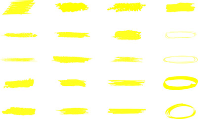 Yellow marker brush lines. Highlighter line yellow marker strokes lines vector. Yellow watercolor hand drawn highlight set. Grunge freehand watercolor ink pencil marks. Marker pen highlight strokes.