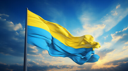 Ukrainian flag against blue sky - obrazy, fototapety, plakaty