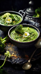 Green broccoli cream soup with parsley in rustic bowls on dark blue background