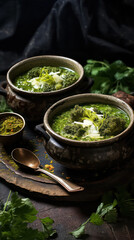 Broccoli cream soup with fresh vegetables on dark background. Selective focus.