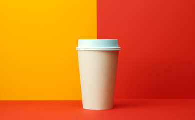 White plastic cup with colored background.