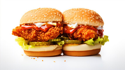 Big tasty hamburger with fried chicken and ketchup on white background