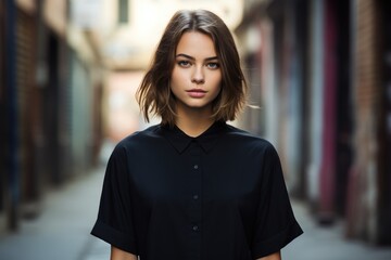 Teen model in black t-shirt, urban alley, modern casual fashion