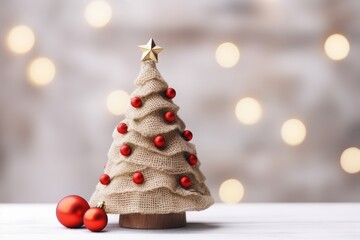 Fototapeta na wymiar Adorn Your Holiday Season With A Charming Mini Christmas Tree On Burlap With Red Balls