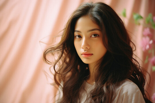 Portrait of a beautiful young asian woman with long hair .