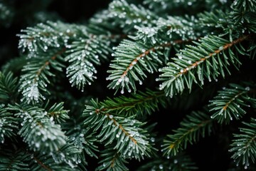Fototapeta na wymiar Winter Wonderland: Snowflakes Adorn Evergreen Christmas Tree Branches