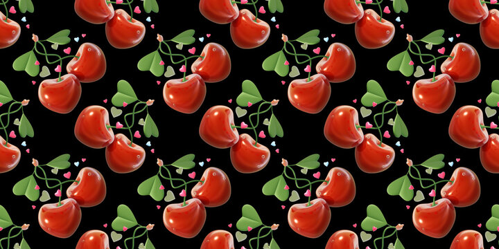3d romantic seamless pattern of red cherry with heart and leaf on black color background. 3d design of love cherry illustration