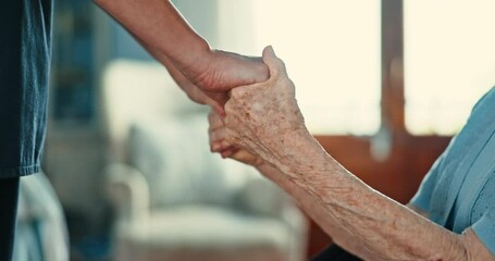 Closeup, senior person and holding hands with nurse for support, care and empathy in retirement. People, caregiver and patient with consultation, counselling and kindness with help in nursing home - Powered by Adobe