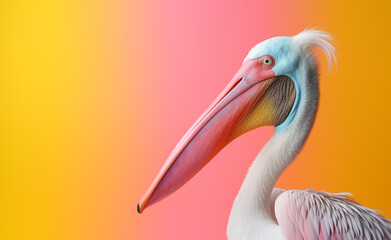 Obraz premium Creative animal concept. Pelican peeking over pastel bright background.