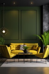 Modern luxury living room interior background, living room interior mockup, interior with Chartreuse wall