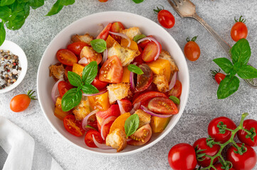 Traditional italian tomato salad panzanella with red onion, fresh basil and croutons in a bowl....