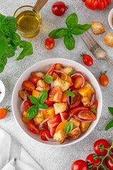 Traditional italian tomato salad panzanella with red onion, fresh basil and croutons in a bowl. Summer salad.