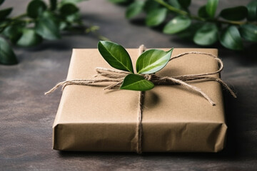 Sustainable and Eco Friendly wrapped gift with note paper. Concept of ecology, sustainability, recycling.