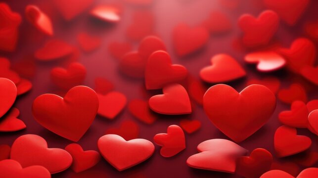 Valentine's Day backdrop with red hearts and romantic glow. Celebration of love.