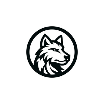 Brave wolf logo inside circle. Brave wolf head logo in solid black