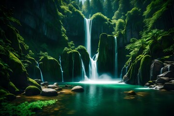 A tranquil scene capturing the elegance of waterfalls harmonizing with the rich, vibrant greens of the mountains.