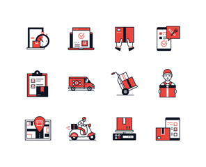 Courier and order delivery - line design style icons set