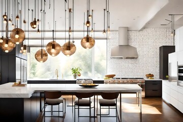 A mid-century modern kitchen with clean lines, geometric patterns, and statement lighting fixtures. - obrazy, fototapety, plakaty