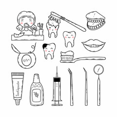 Dentist tools for dental and oral care. Hygiene and dental health. Hand drawn doodle set. Vector contour illustration.