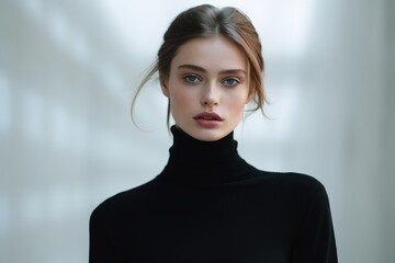Young model in a sleek black turtleneck shirt, modern minimalist setting