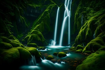 A tranquil scene of a waterfall cascading gracefully down mossy cliffs in the heart of verdant...