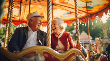 Fototapeta na wymiar Elderly Couples Carousel Adventure in the Amusement