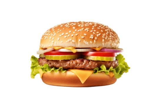Hamburger with cheese and beef isolated on transparent background.