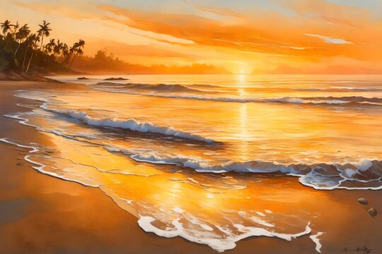 A serene, golden-hued sunset painting the sky over a tranquil beach with gentle waves lapping the shore.
