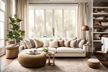 A cozy corner featuring a cream-colored loveseat nestled amidst a collection of cushions, offering a comfortable and inviting spot within a well-appointed living space.
