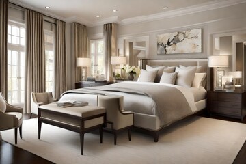 Fototapeta premium A transitional bedroom with a mix of traditional and contemporary elements, creating a harmonious and balanced design.