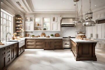 A kitchen designed for a baking enthusiast, featuring a marble-topped island and a dedicated pastry station.