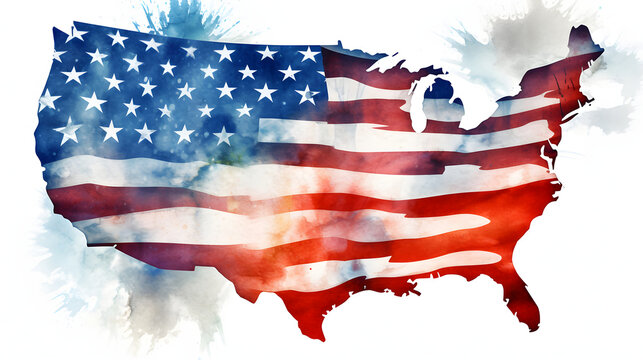 American Flag Watercolor Painted United States Map