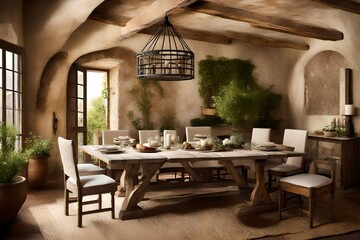 A Mediterranean-inspired dining area with rustic elements and a blank frame enhancing the ambiance.