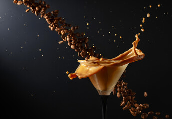 Espresso Martini drink with splashes and falling coffee beans on a black background.