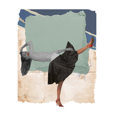 Young woman dancing over abstract pastel background. Contemporary art collage. Concept of retro...