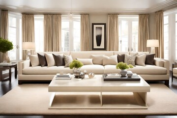 A sleek cream-colored coffee table serving as the focal point in a stylishly appointed living room, exuding an aura of understated elegance and refinement.