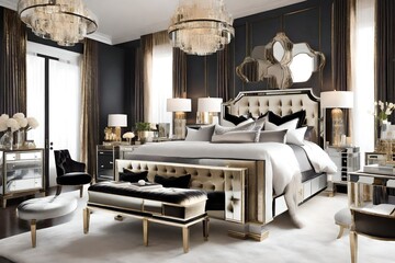 A glamorous Hollywood-inspired bedroom with mirrored furniture, velvet upholstery, and metallic accents for a touch of opulence.