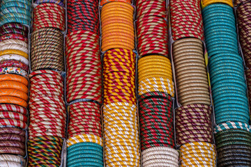 Beautiful Bengali traditional jewelery, works of handicraft, for sale during Handicraft Fair in Kolkata. Selective focus.