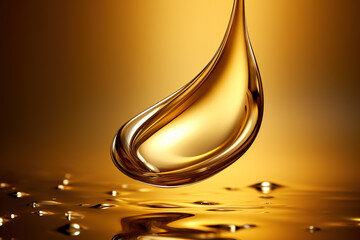 Drop of golden oil - concept of wellness and beauty products. Generative AI