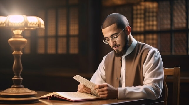 Confident Muslim student studying with his book.