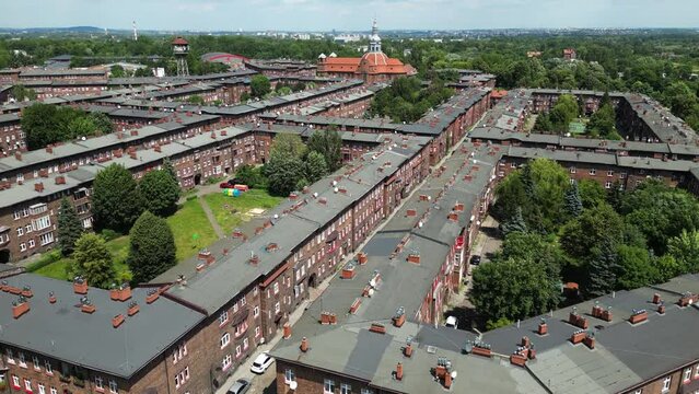 Drone view of Nikiszowiec neighbourhood and settlement in Katowice, Poland