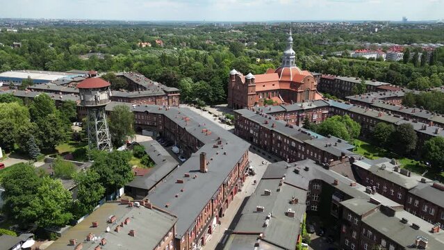Aerial view of Nikiszowiec Water Tower and St. Anne's Church, Katowice, Poland