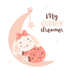 Cute sleeping animal rabbit in pajamas on moon. Vector illustration in pastel colors. Kids collection.