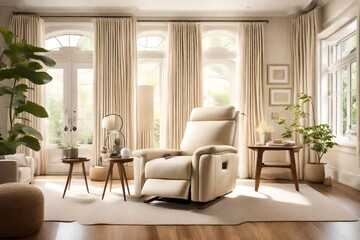 A serene living room featuring a pristine cream-colored recliner bathed in natural sunlight, creating a tranquil oasis within the home's interior. - obrazy, fototapety, plakaty