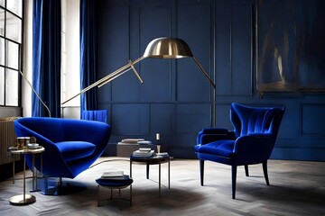 A deep cobalt blue armchair paired with a modern metallic floor lamp. - obrazy, fototapety, plakaty