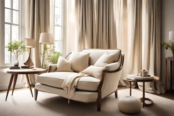 Fototapeta na wymiar A serene corner of a living room, featuring a cozy cream-colored armchair set beside a large window adorned with billowy curtains, inviting relaxation and contemplation.