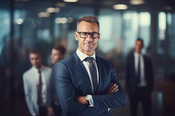 Portrait of a businessman in front of his team in a meeting room