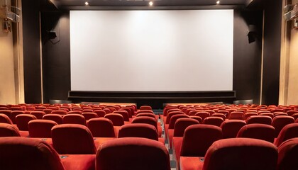 POV inside of Empty cinema with red chairs and white blank screen wall with dim light for mock up template